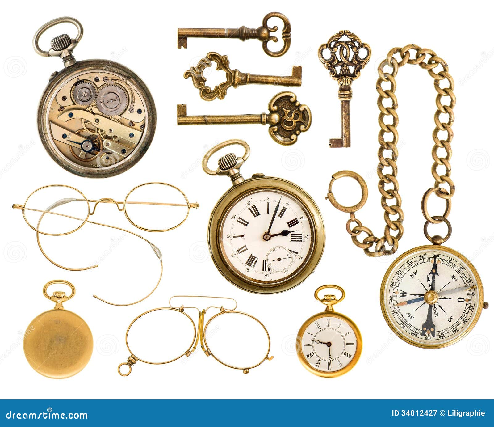 golden collectible accessories. antique keys, clock, glasses, co