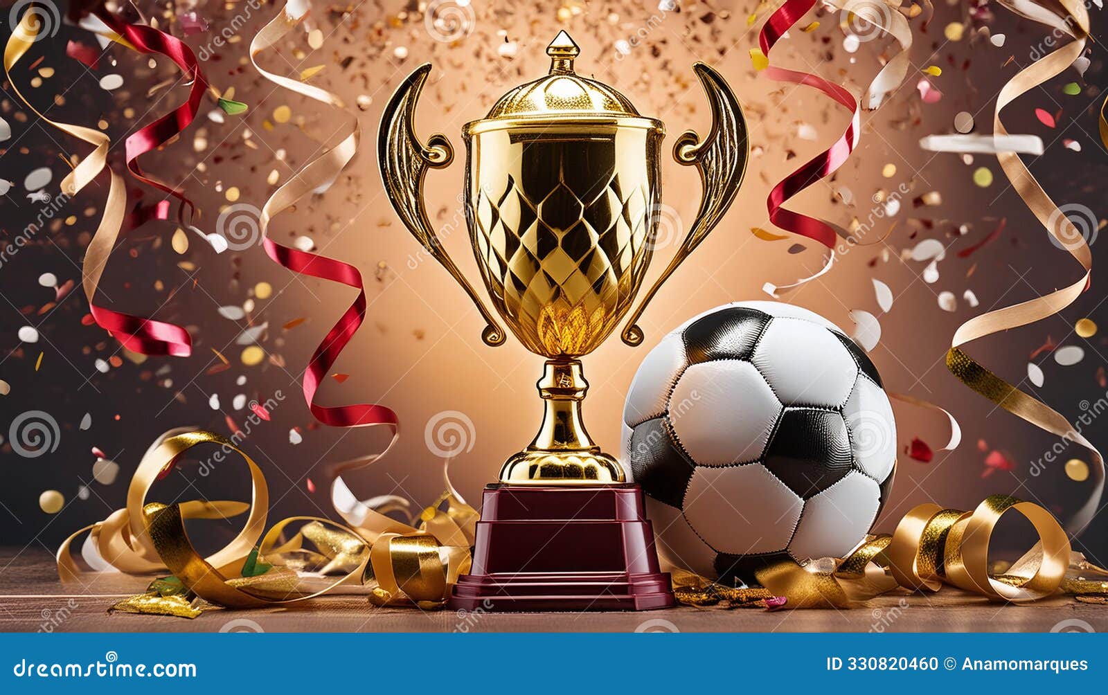 golden confetti swirls around a gleaming soccer trophy. generative ai