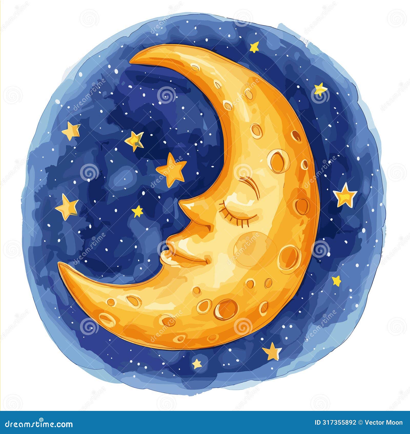 golden crescent moon cradled navy blue night sky adorned twinkling stars. cheerful moon