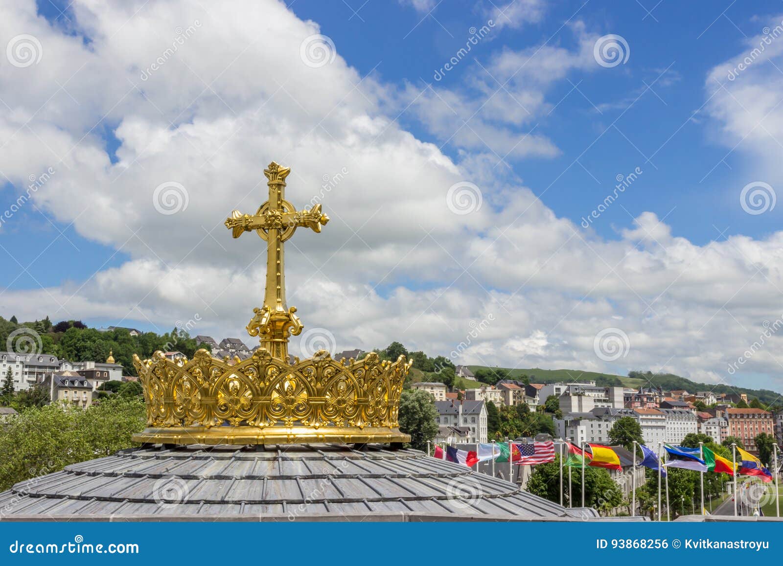 Golden Cross and Crown in Lourdes, France, Hautes Pyrenees. Basilica of ...