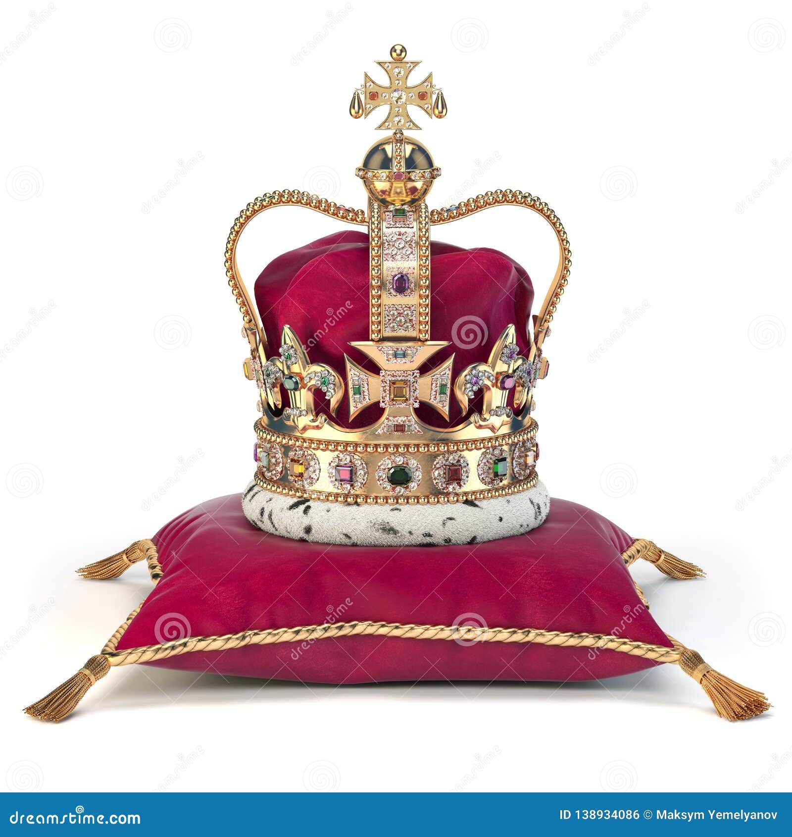 golden crown on red velvet pillow for coronation. royal  of british uk monarchy