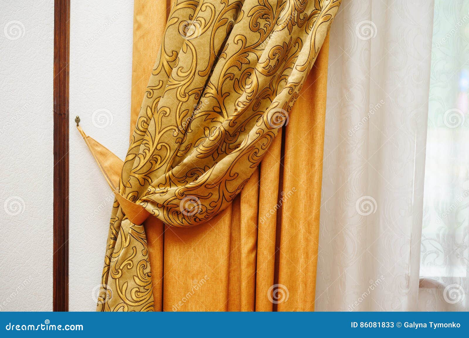 Golden Curtain on the Window in the Room Stock Image Image of cloth