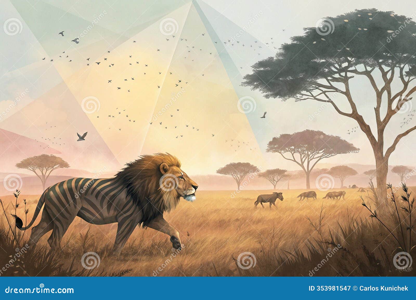 golden dawn with soft light. eccentric. a fierce lion running and herding herd of zebras in the middle of a moor - generated by ai