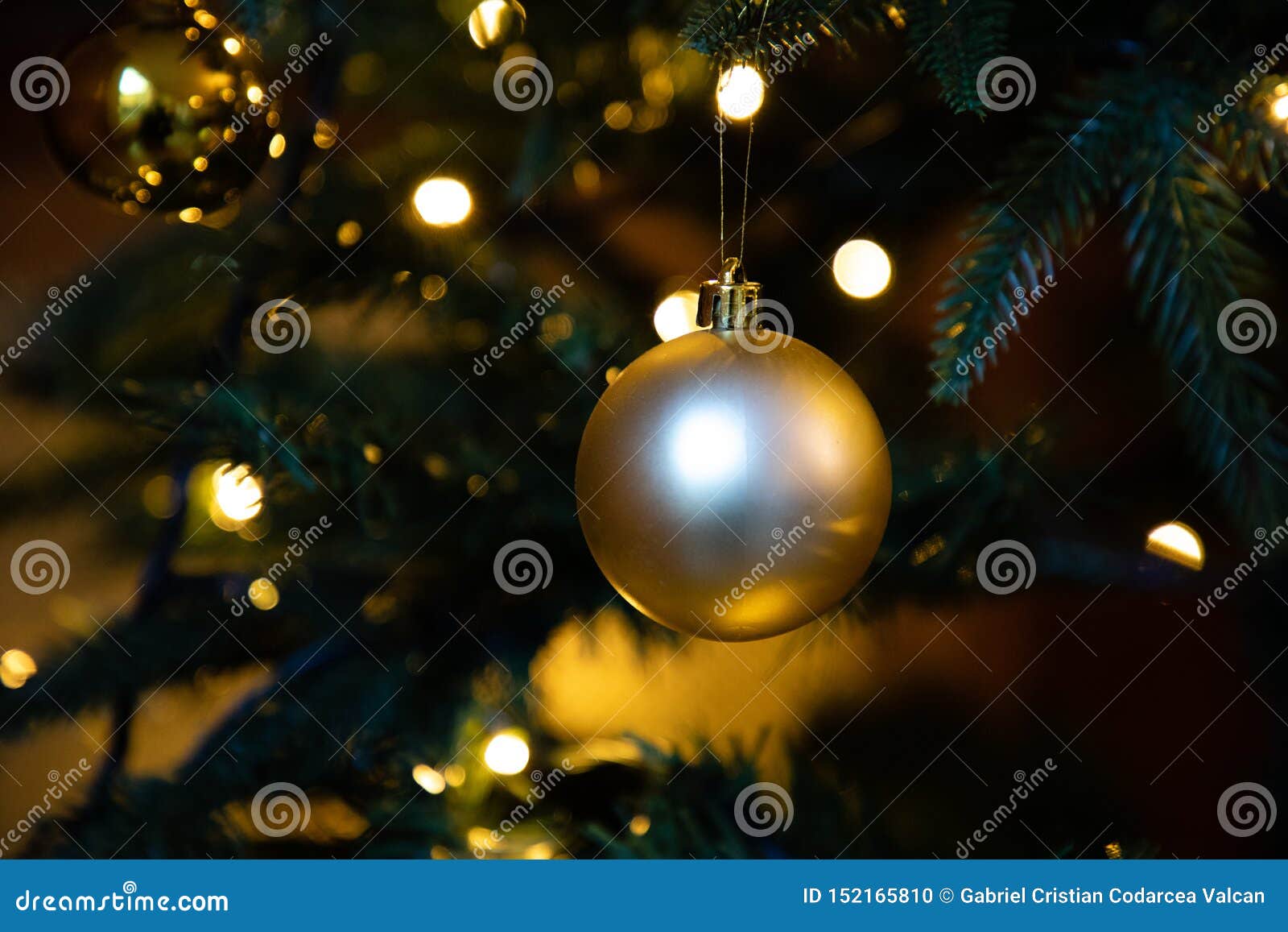 Golden Decoration Globe On Christmas Tree Close Up Stock Photo Image