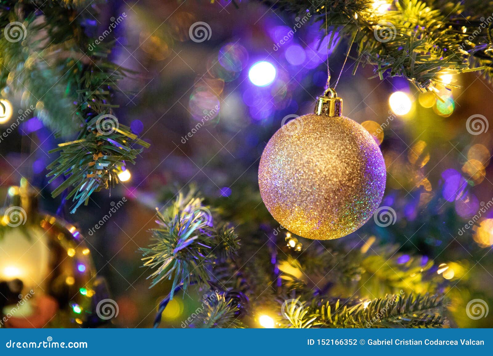 Golden Decoration Globe on Christmas Tree Close Up Stock Photo Image