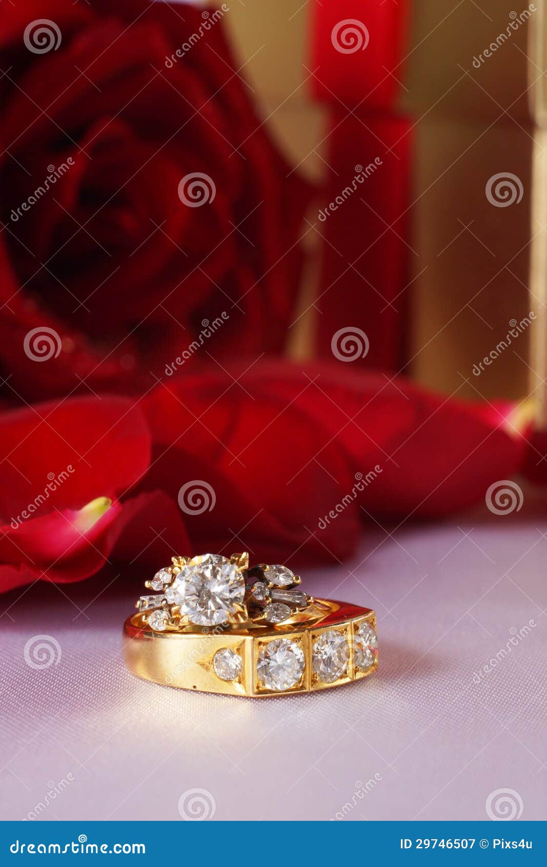 Golden Diamond Ring With Gift Box And Red Rose Stock Image Image of