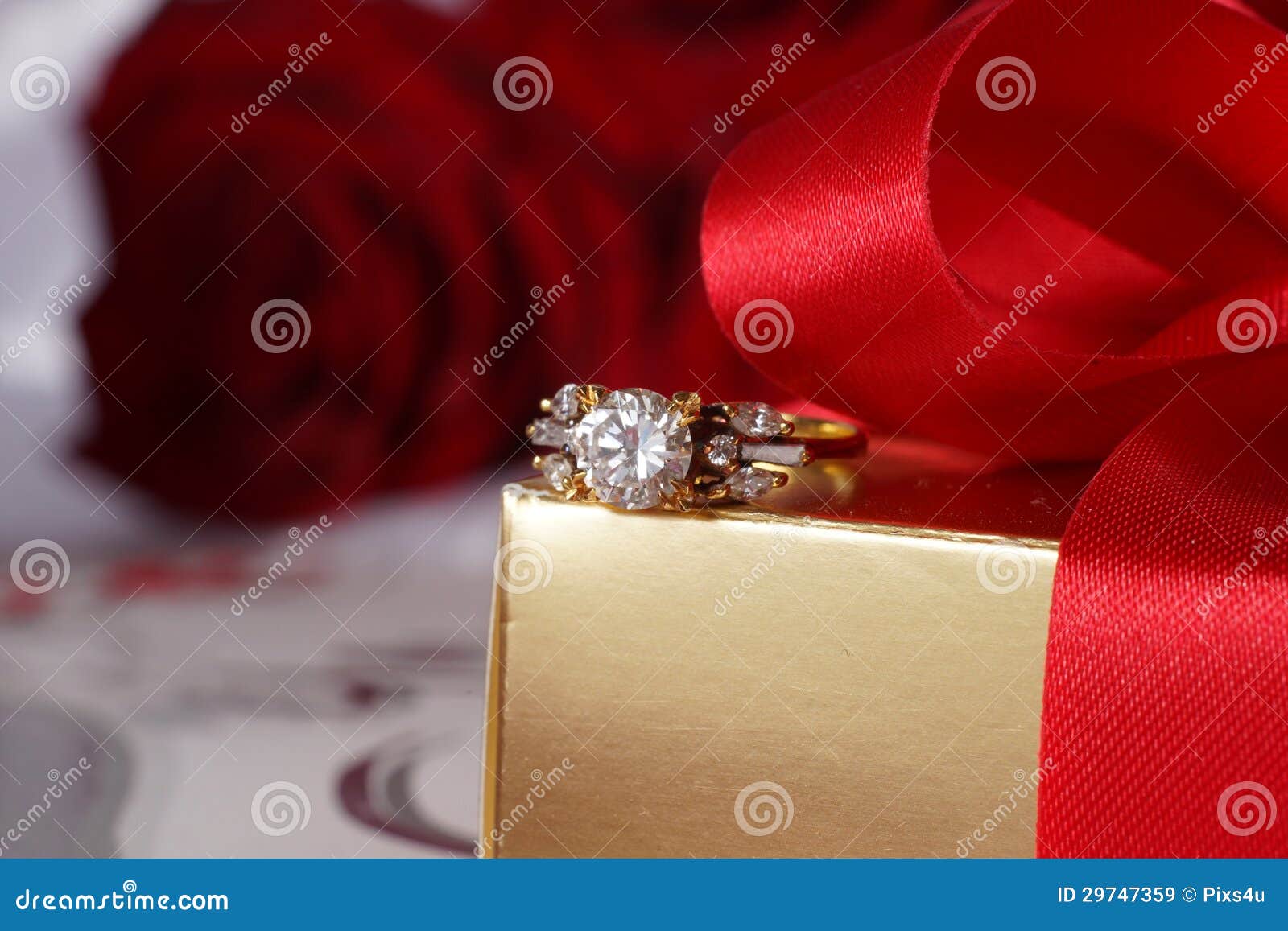 Golden Diamond Ring with Gift Box and Red Rose Stock Image Image of