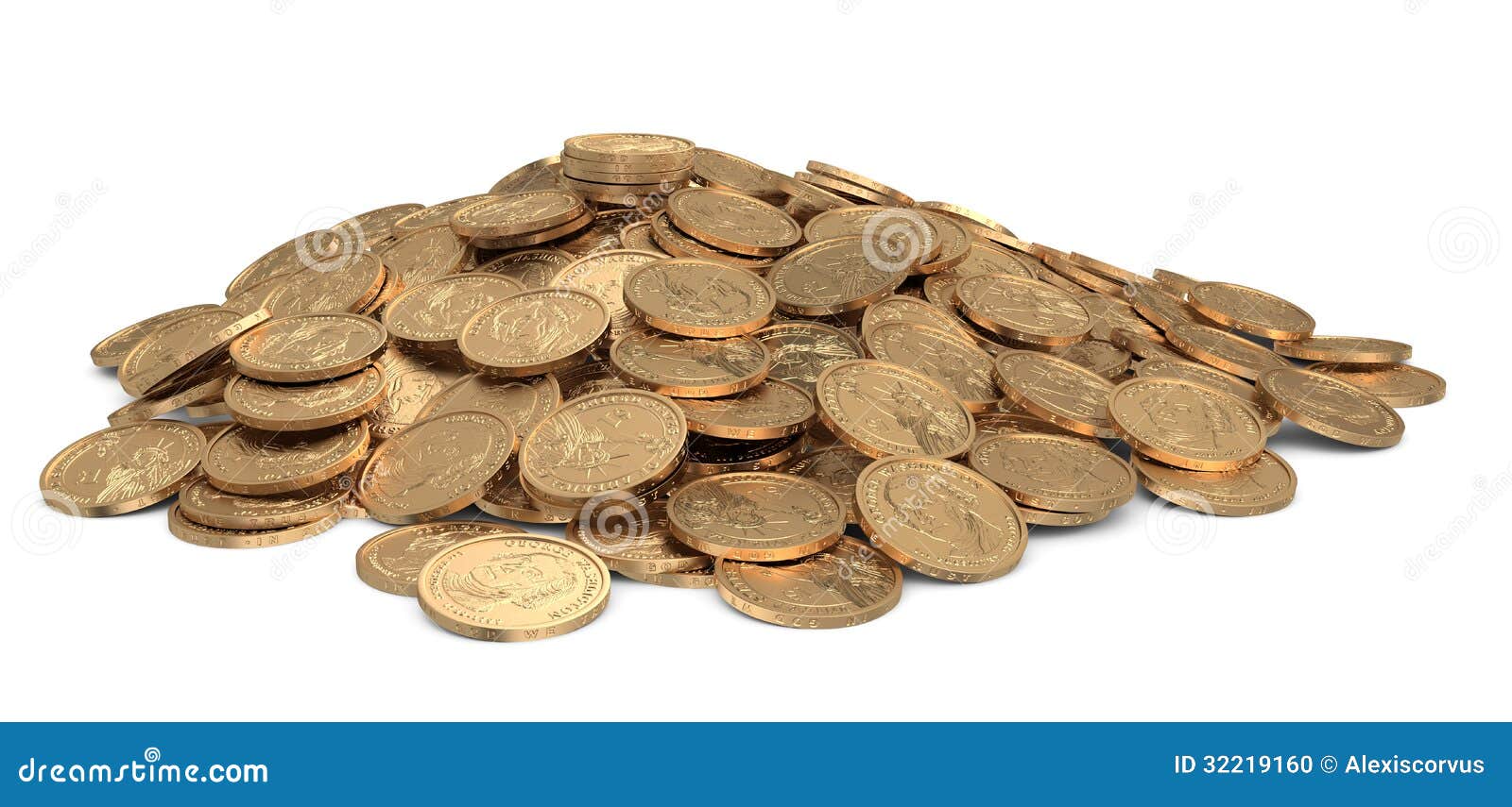 Golden Dollars Coins on White Stock Illustration Illustration of