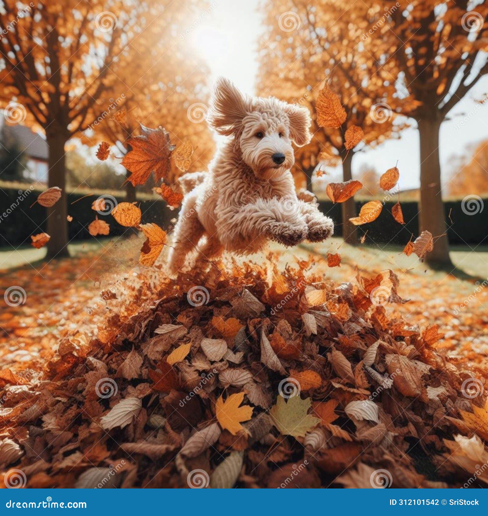 A Golden Doodle Dog Jumping into a Pile of Leaves, Action Photography