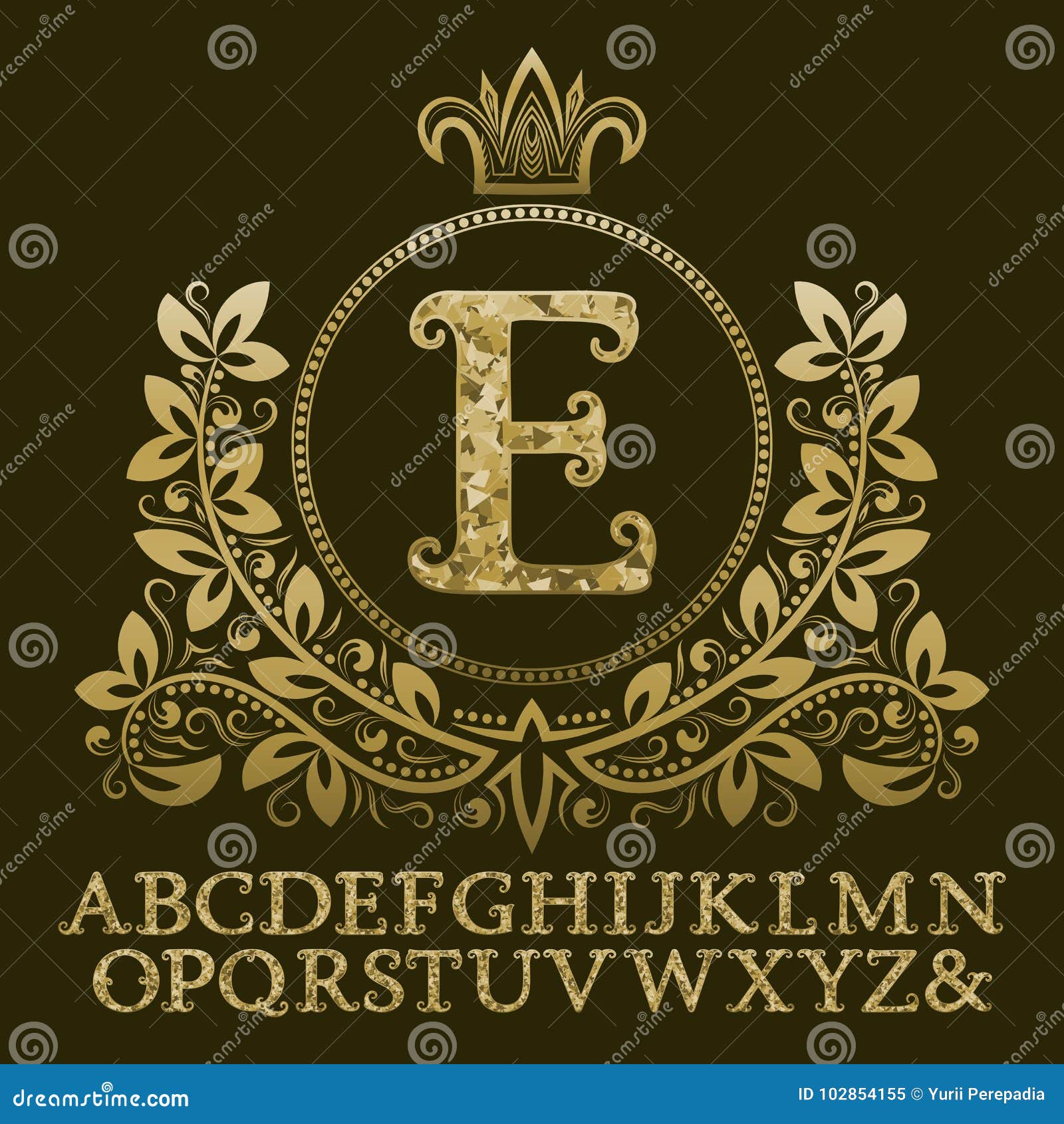 Golden Encrusted Letters and Initial Monogram in Coat of Arms Form