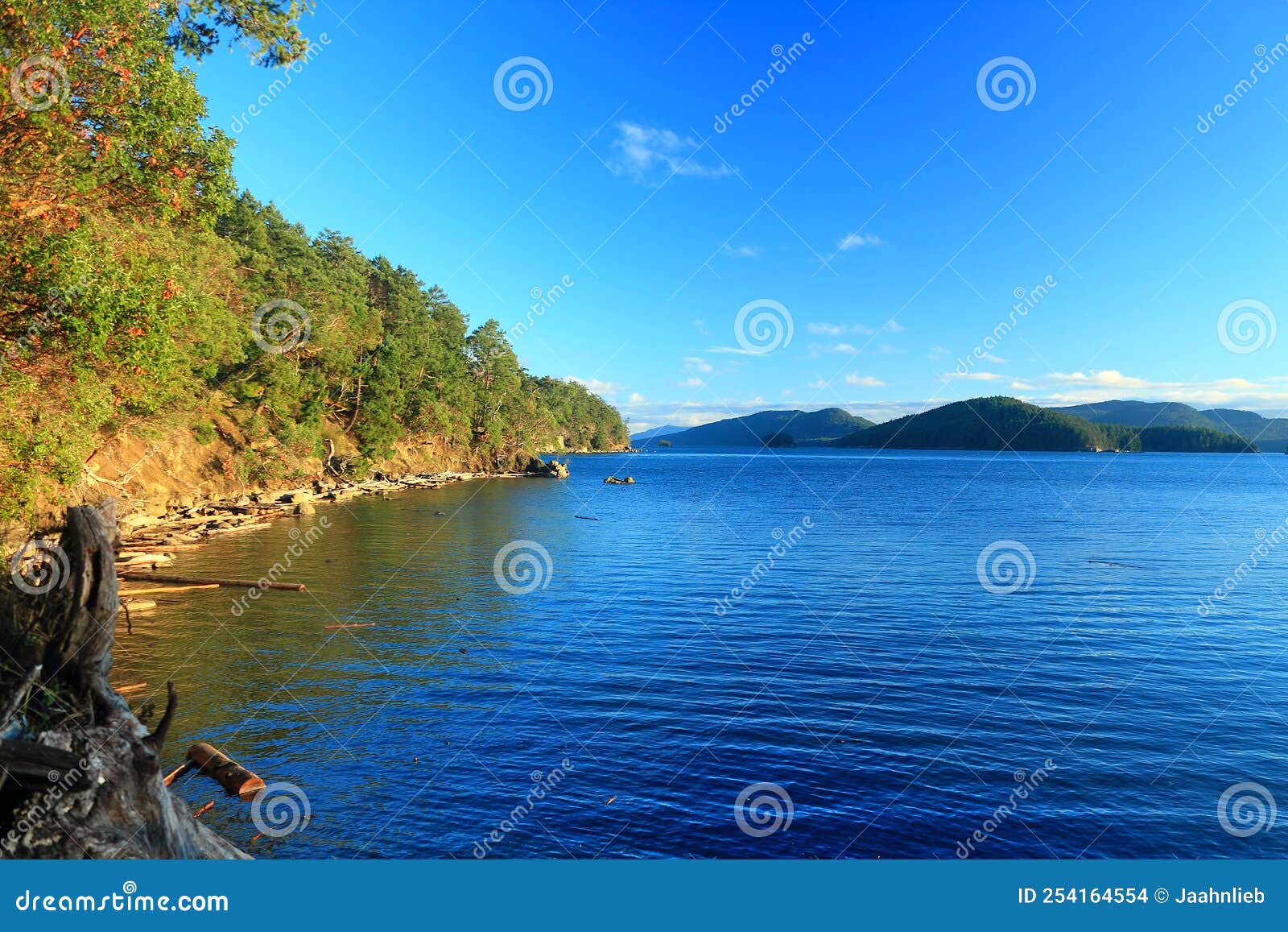 gulf islands national park, mayne island with bennett bay and campbell point in evening light, british columbia, canada
