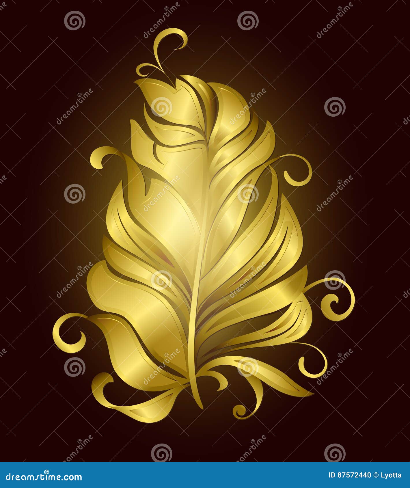 Golden Feather Decorative Bird on a Black Background Stock Vector