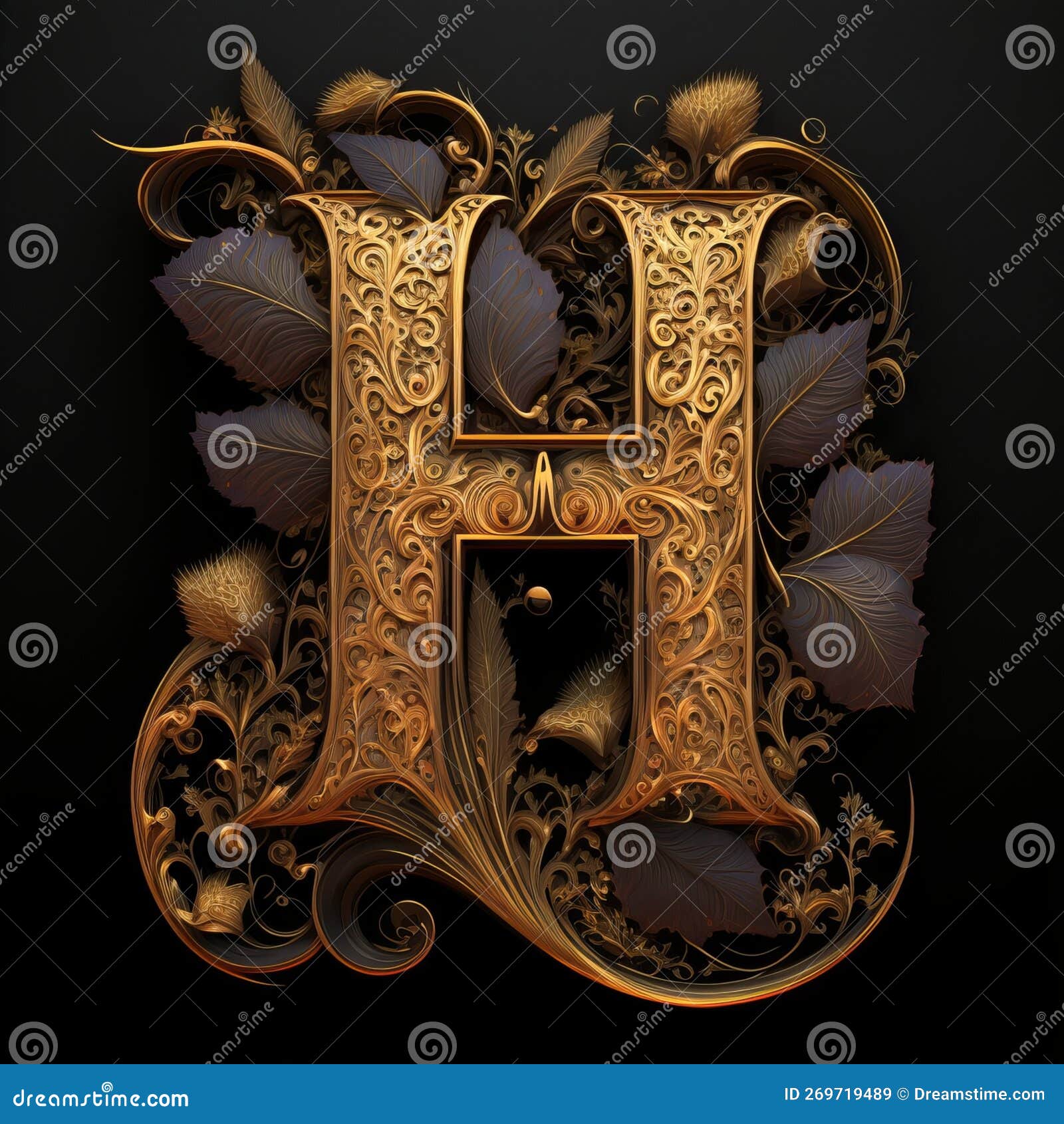 Golden Filigree Inlaid Letter H Generative AI Stock Illustration golden-filigree-inlaid-letter-h-generative-ai-stock-illustration