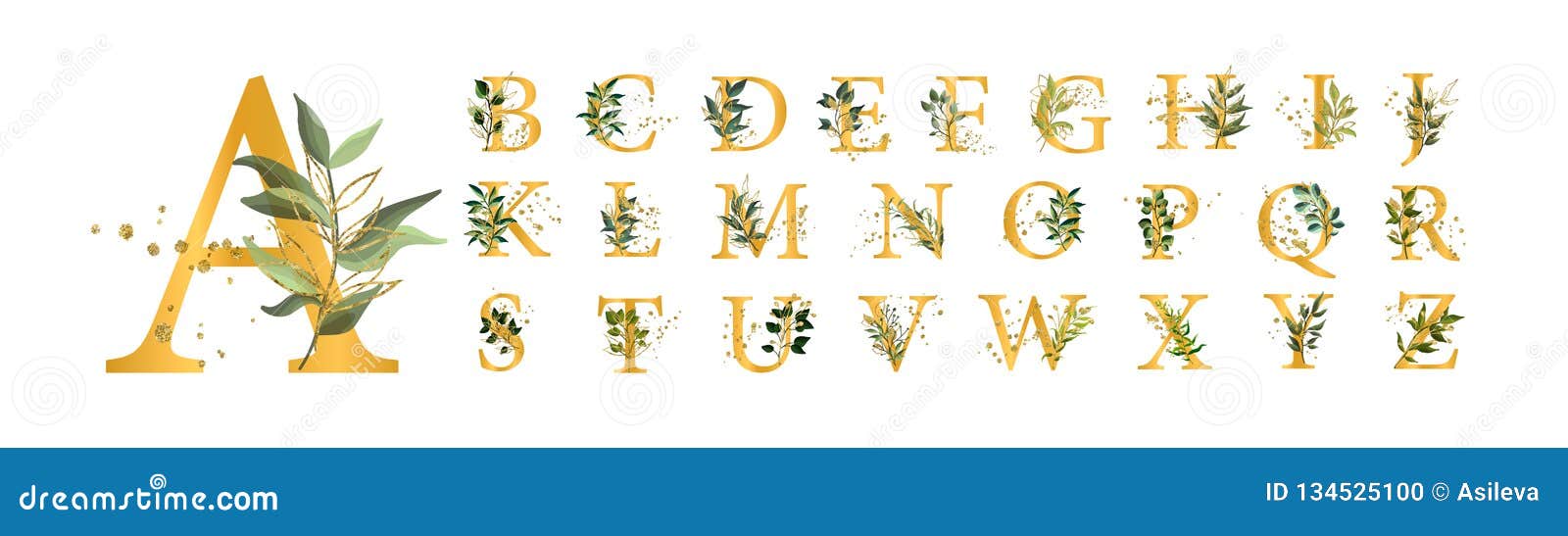 golden floral alphabet font uppercase letters with flowers leaves gold splatters