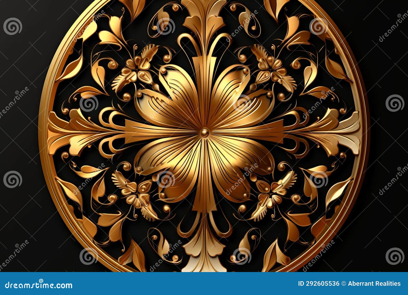 Golden Floral Ornament on a Black Background Stock Illustration
