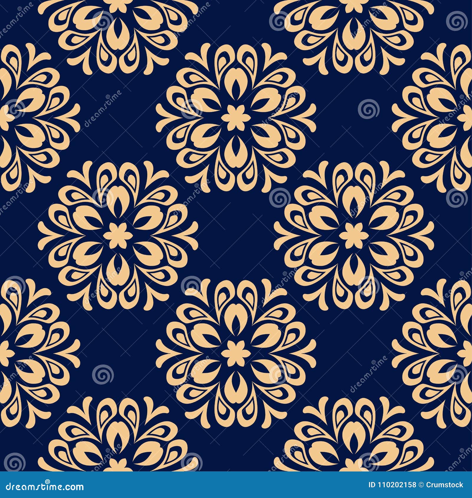 Golden Floral Seamless Pattern on Blue Background Stock Vector ...