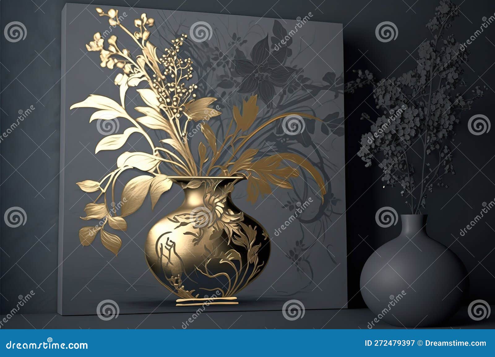 Golden Flower Vase with Metallic Flowers, Generative AI. Stock