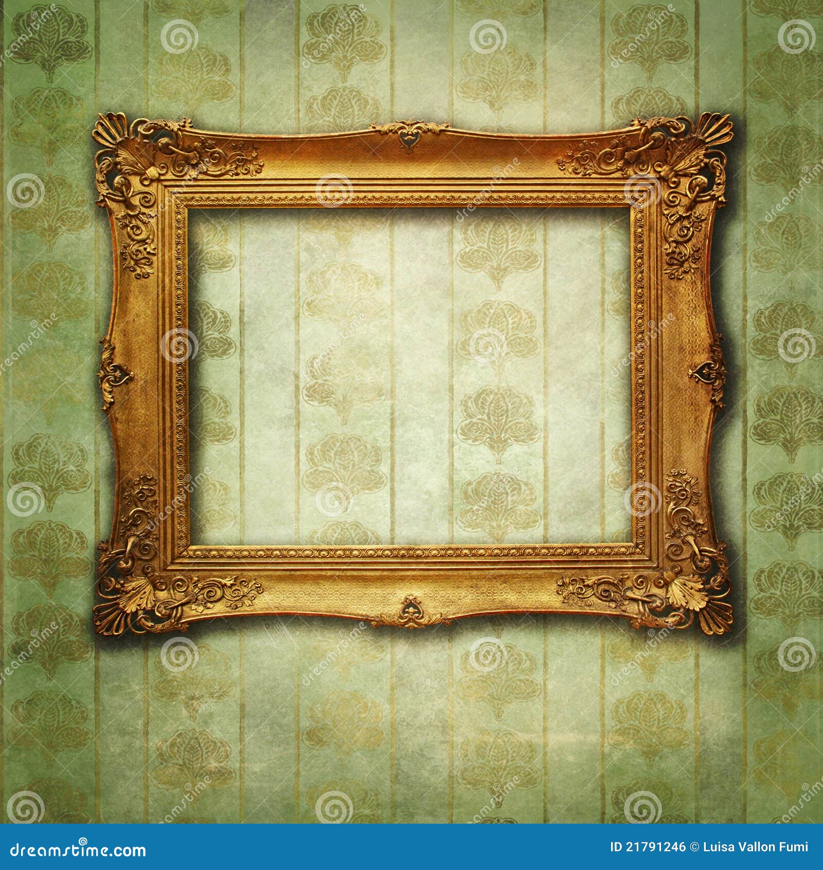 Golden Frame on Vintage Green Wallpaper Stock Illustration