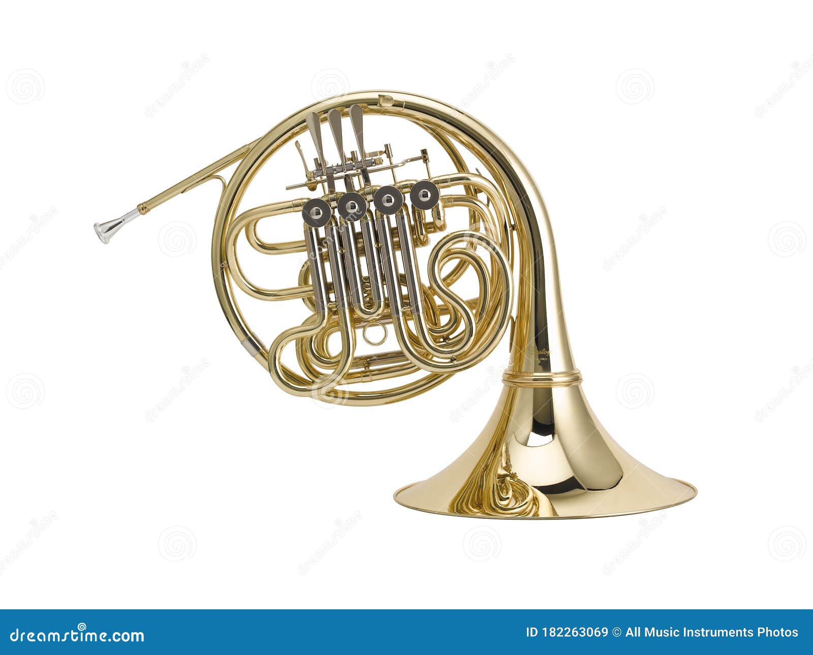 golden french horn , horn, brass music instrument  on white background