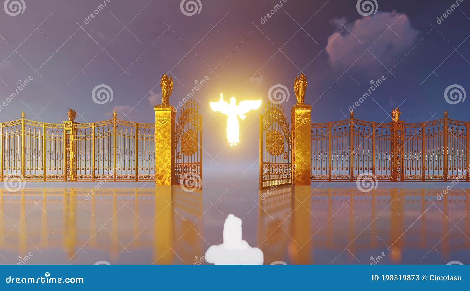 golden gates of heaven opening to reveal glowing angel and flying doves