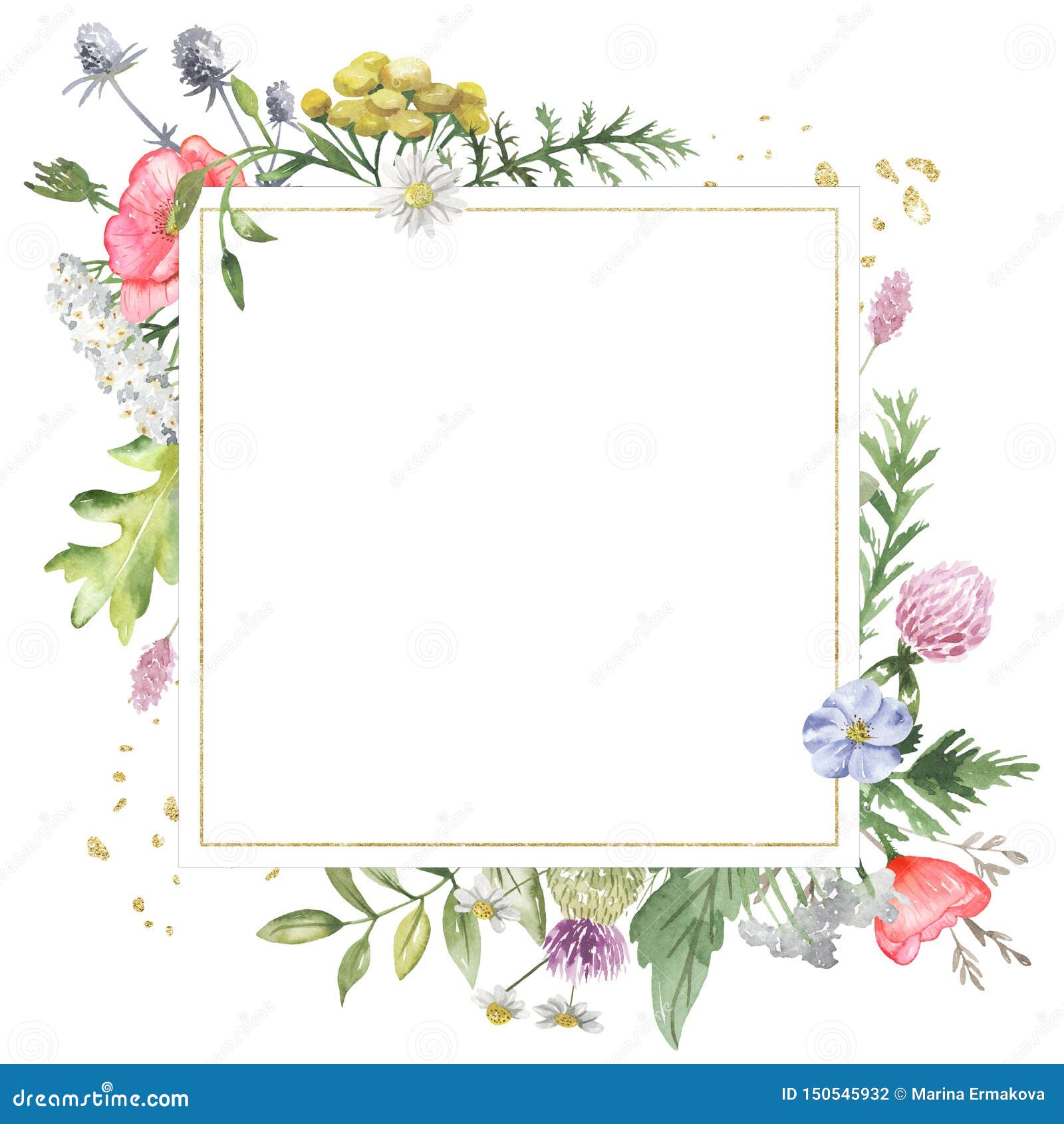 golden geometric frame with watercolor wildflowers. template for the text in the form of a square, heart, circle, rhombus.