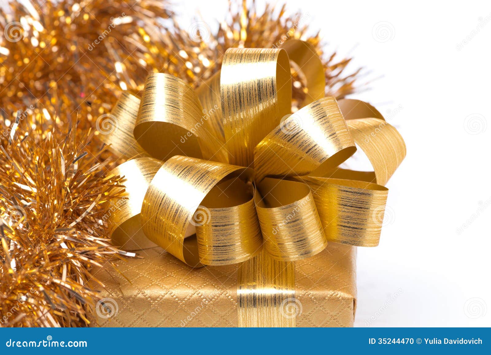 Golden Gift Box and Tinsel, Isolated Stock Photo Image of happy