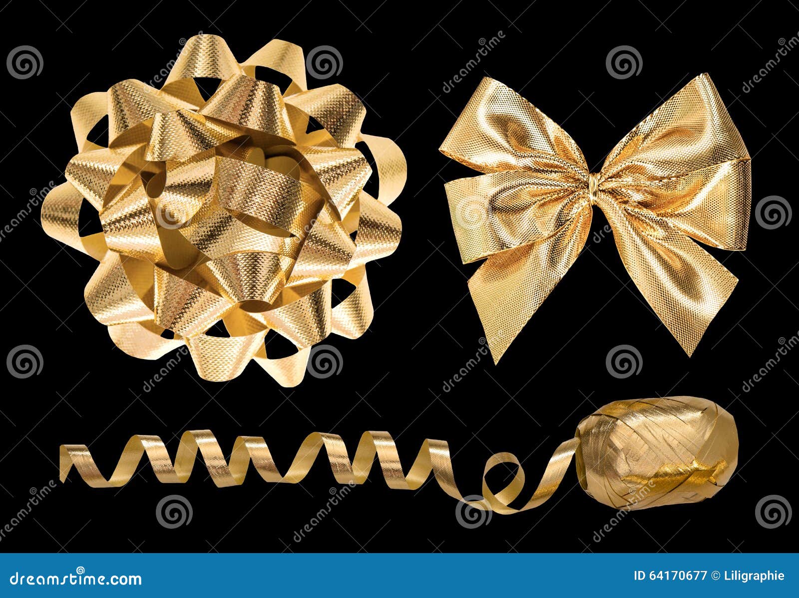 Golden Gift Decoration Objects. Ribbon Bow and Streamer Stock Image