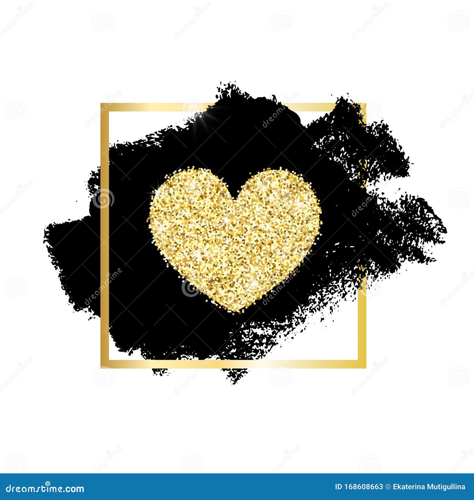 Gold glitter heart with sparkles on black background Stock Vector