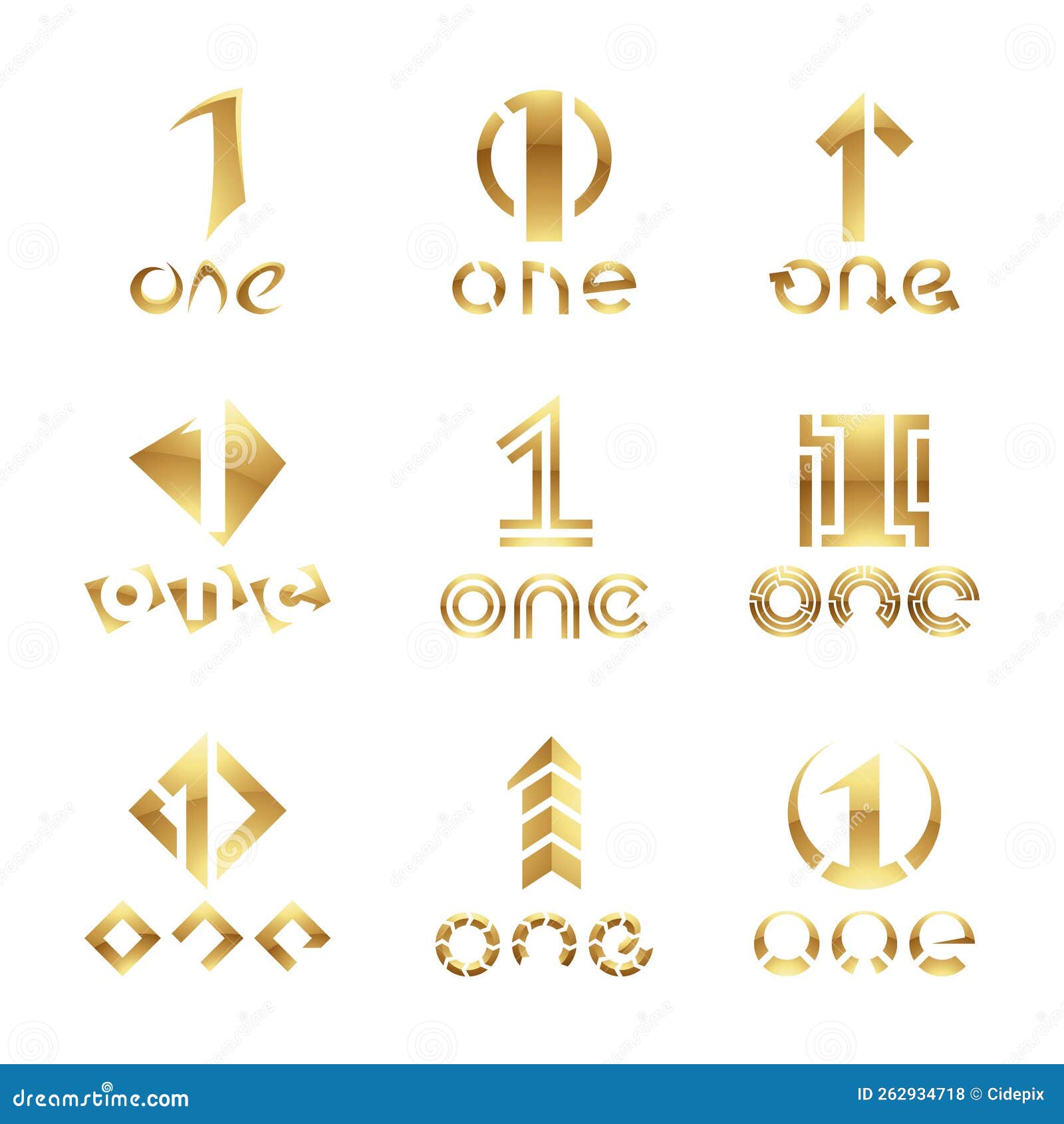 Golden Glossy Number 1 Icons on White Background Stock Vector