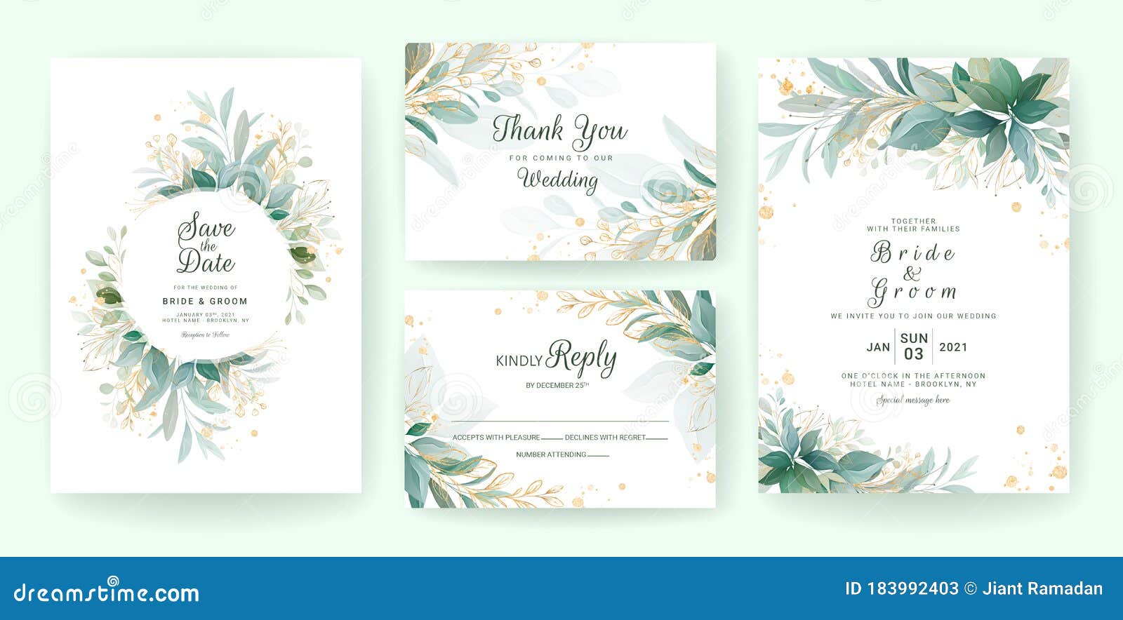 golden greenery wedding invitation template set with leaves, glitter, frame, and border. floral decoration  for save the