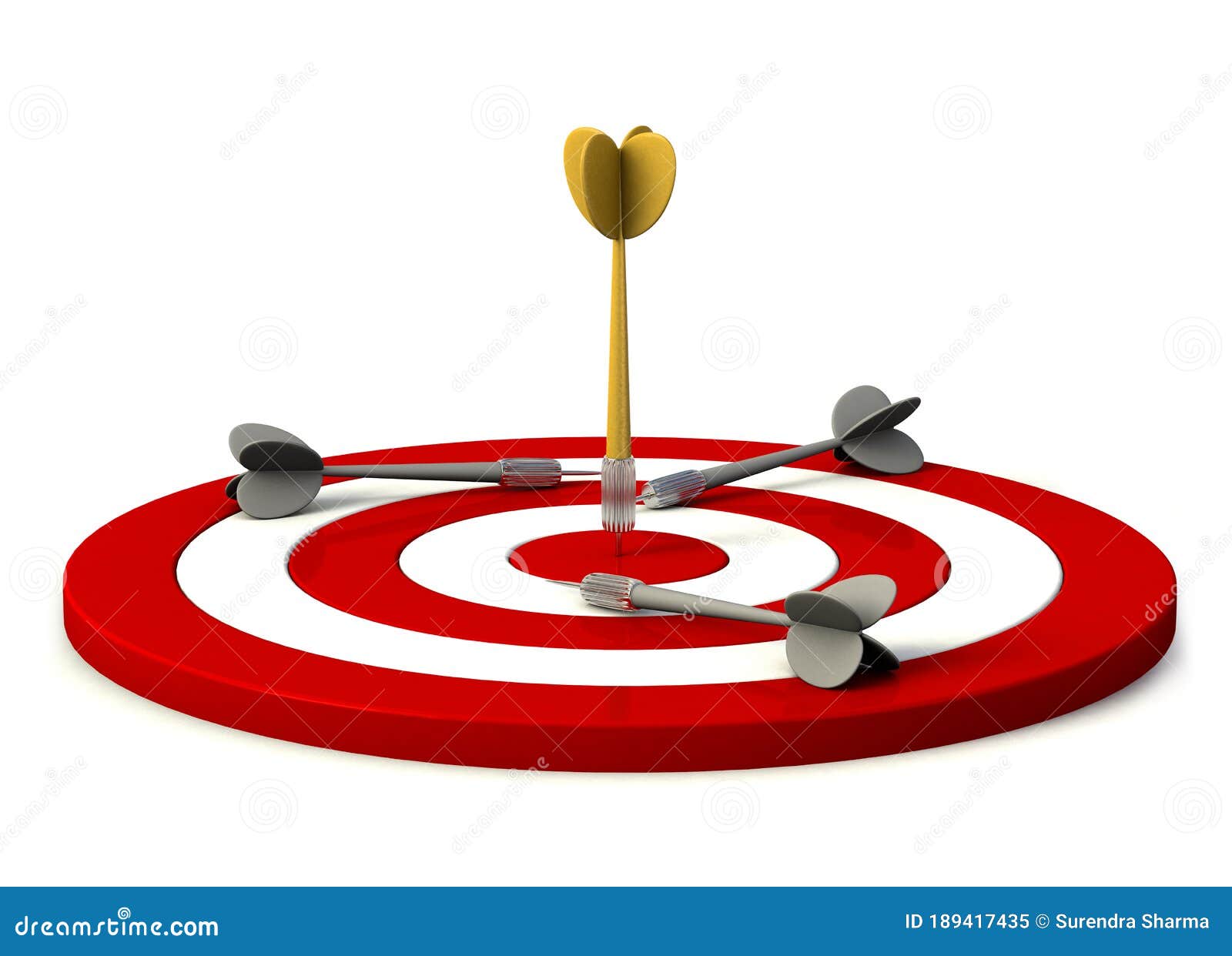 golden and grey dart with dartboard. golden dart successfully hitting the center of red dartboard. sales and marketing concept. 3d