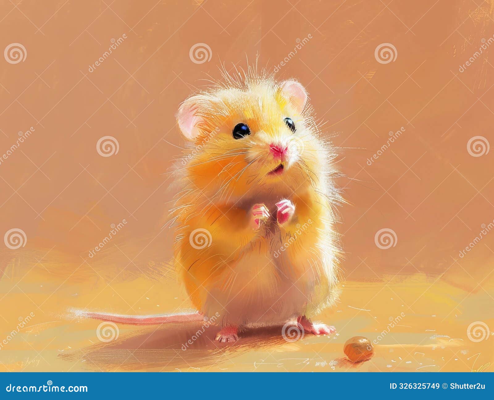 a golden hamster paws up with a playful look set against a soft peach background