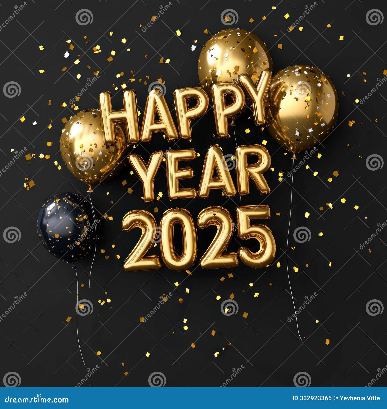 golden happy new year 2025 balloons with confetti. generative ai