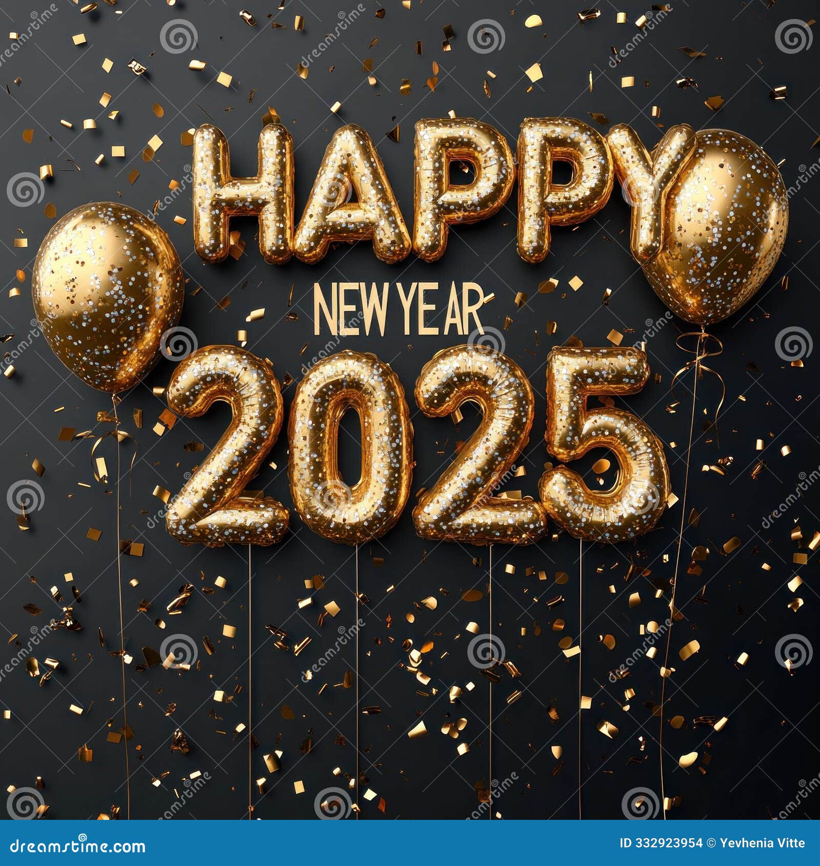 golden happy new year 2025 balloons with confetti. generative ai