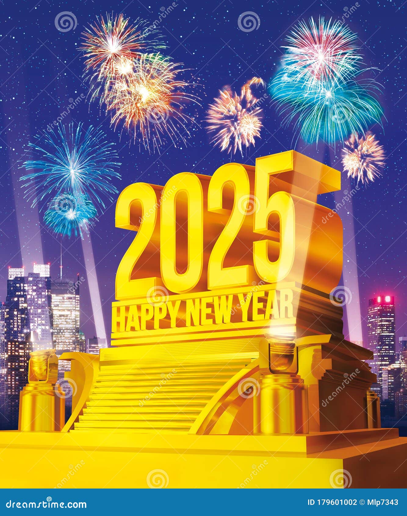 Golden Happy New Year 2025 on a Platform Against City Skyline with