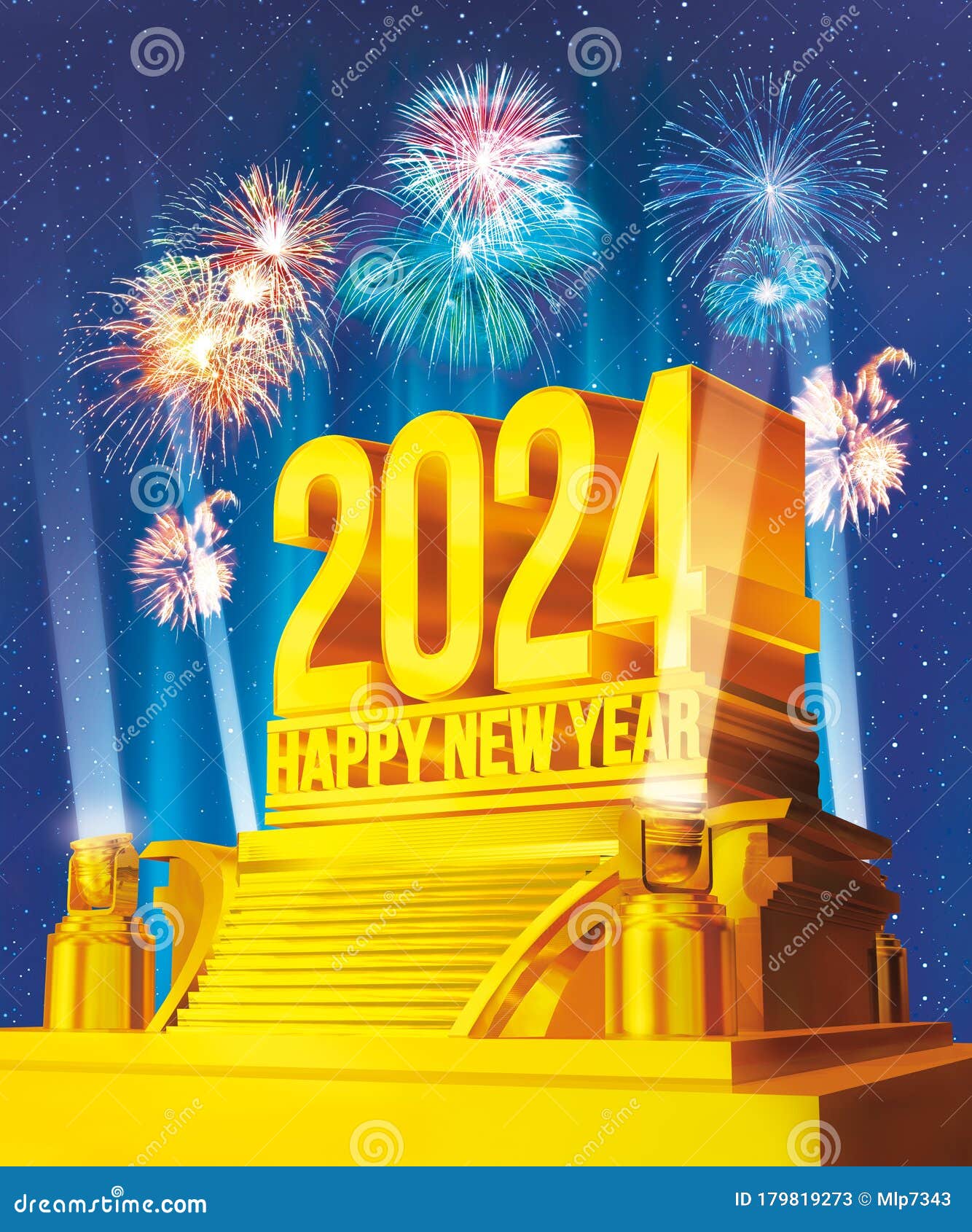 Golden Happy New Year 2024 on a Platform Against Starry Night and