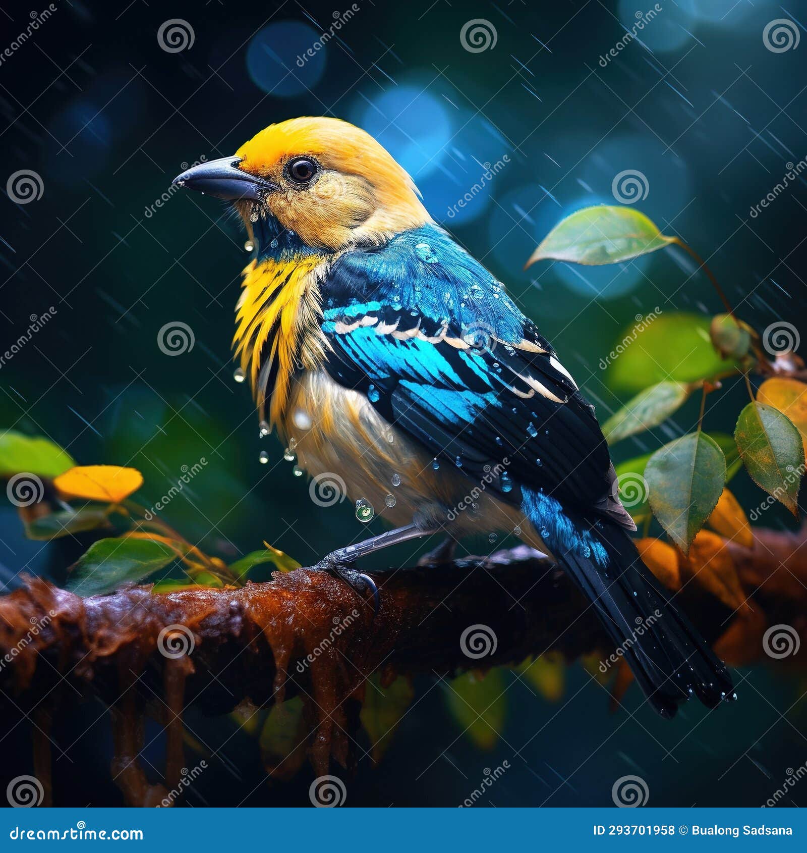 golden-hooded tanager tangara larvata exotic tropical blue bird with gold head from costa rica. wildlife scene from nature