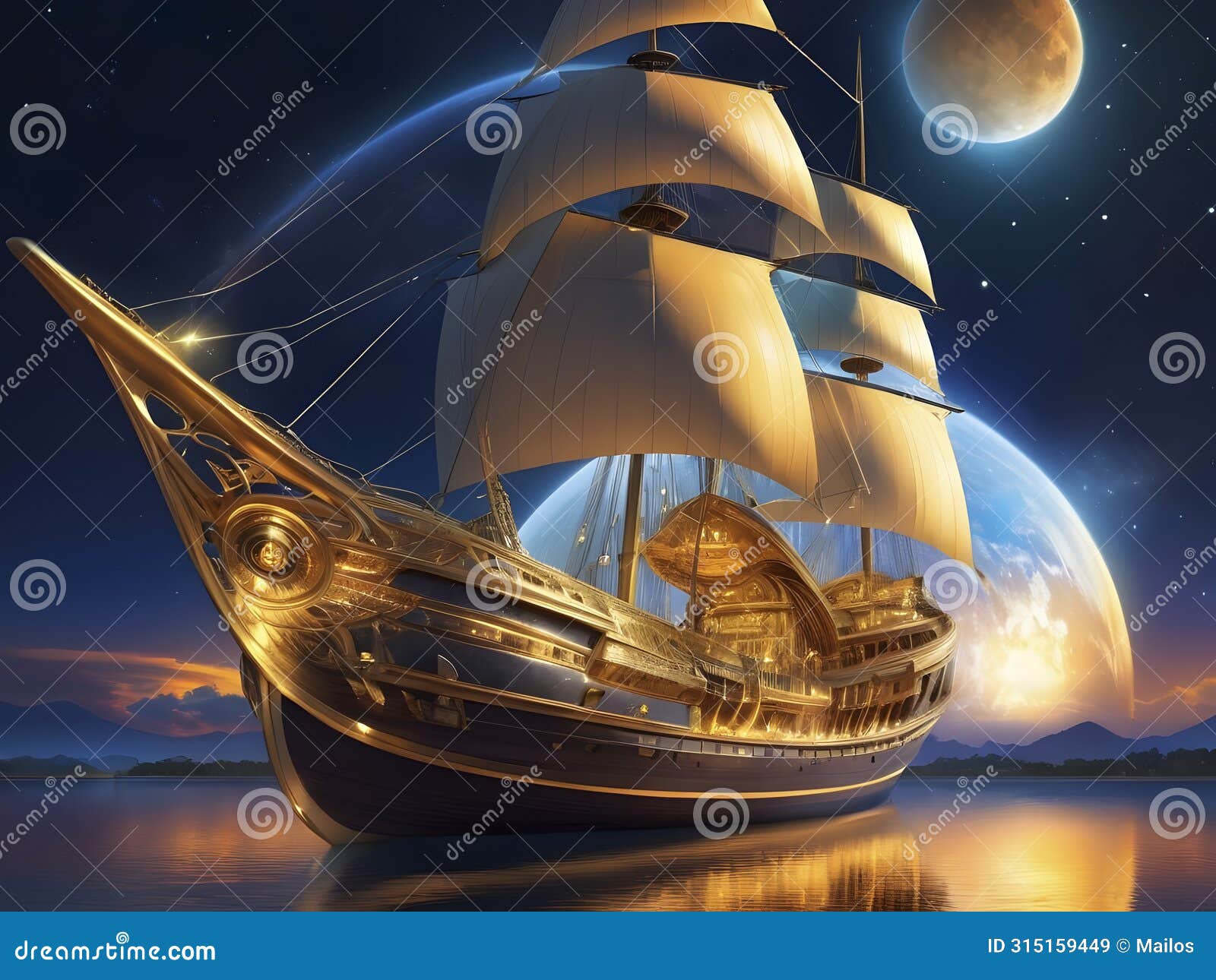 golden horizons. a futuristic solar sailer illuminates the cosmos.