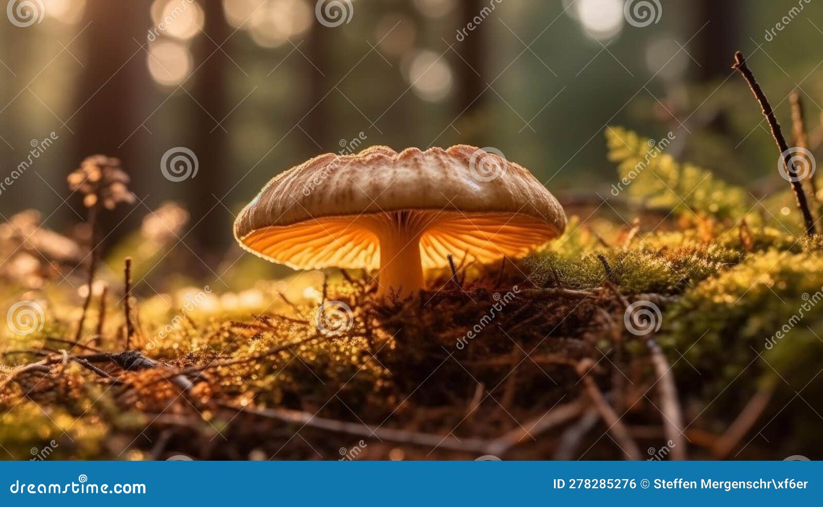 golden hour mushroom in forest shadow