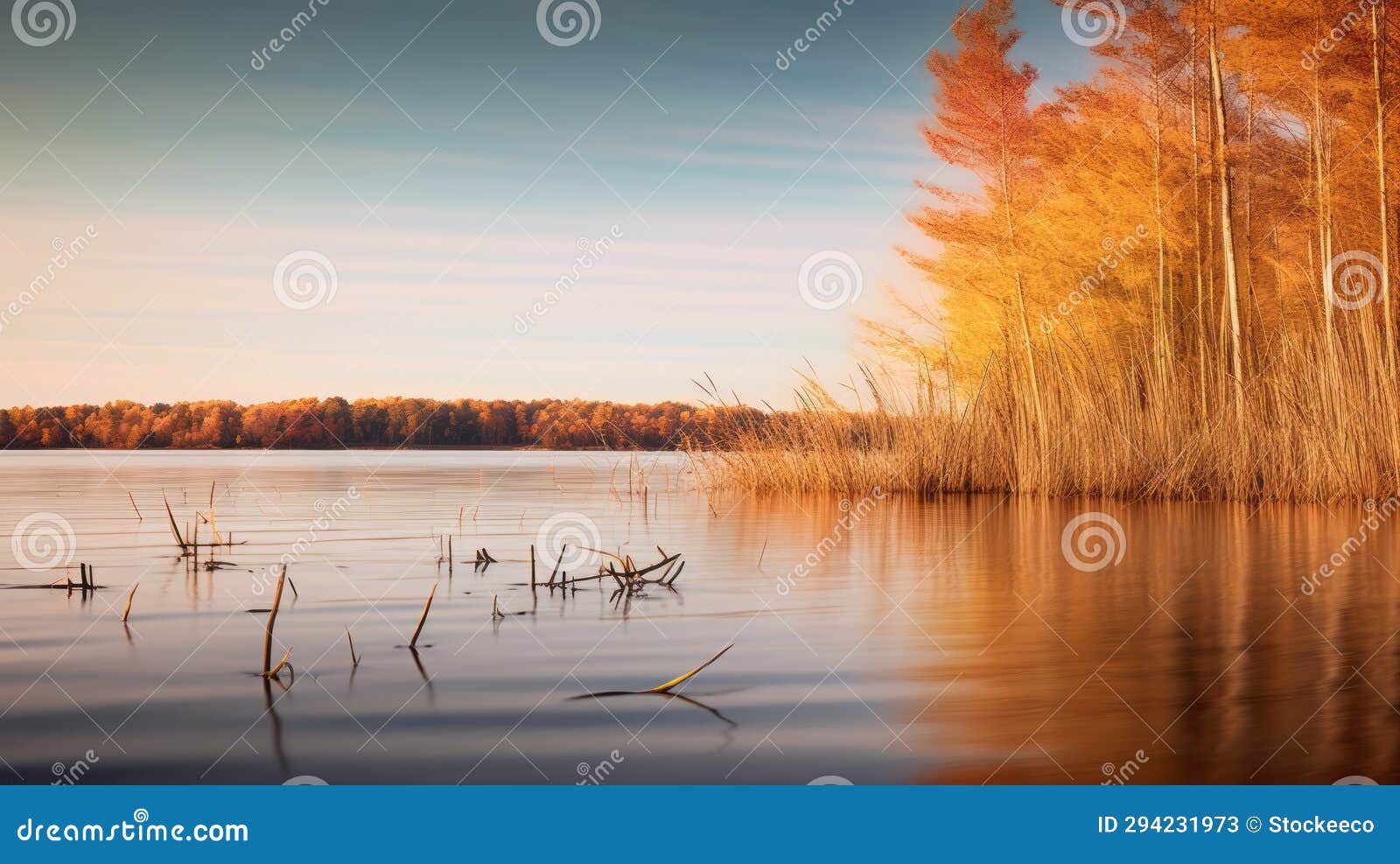 golden hues: tranquil shore with yellow trees and calm waters