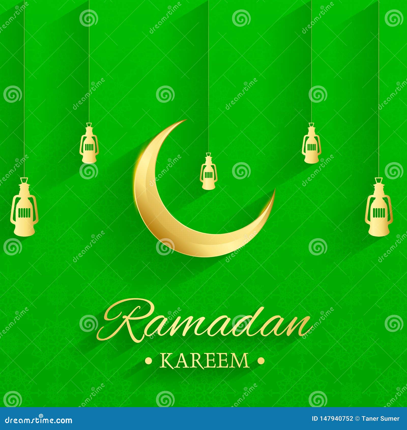 Golden Islamic Moon And Hanging Lamps Ramadan Kareem Written With