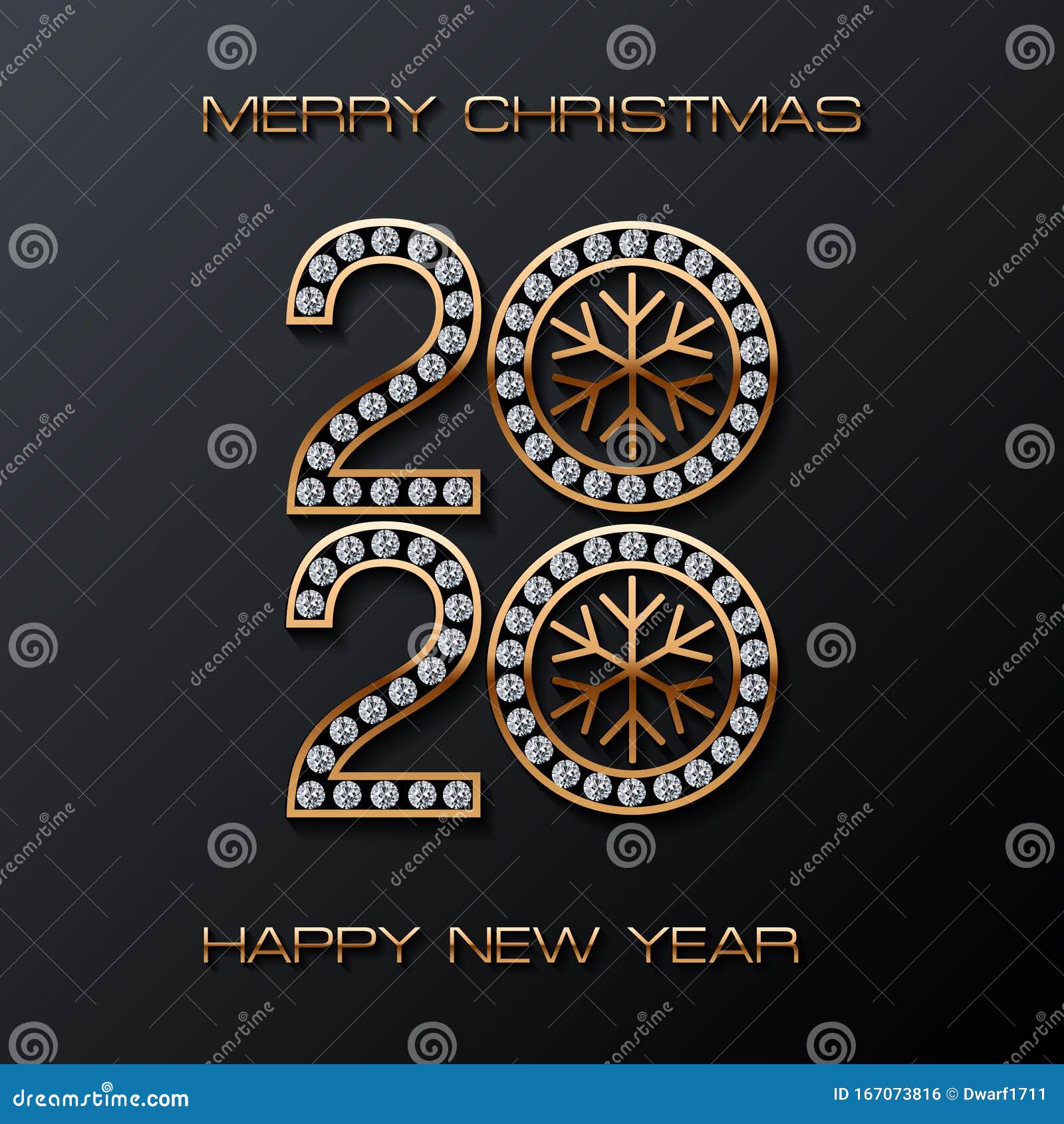 Golden jewelry 2020 text with diamonds and Merry Christmas and Happy New Year luxury square vector template on black background.