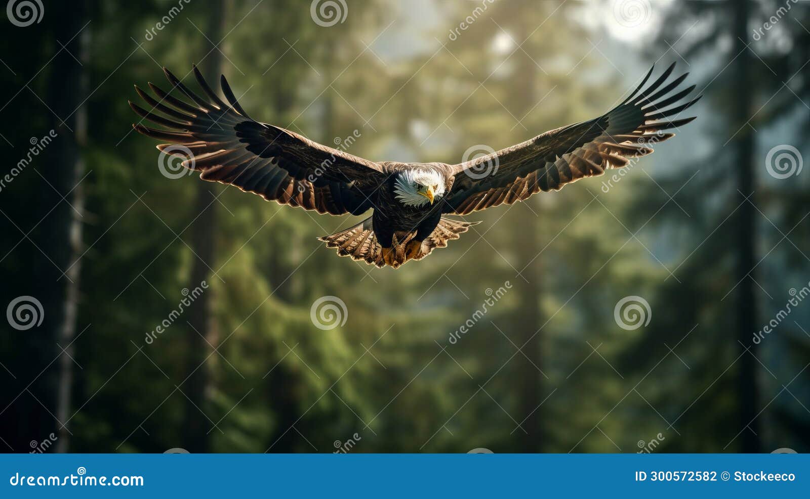 golden light: a ic bald eagle soaring through the forest