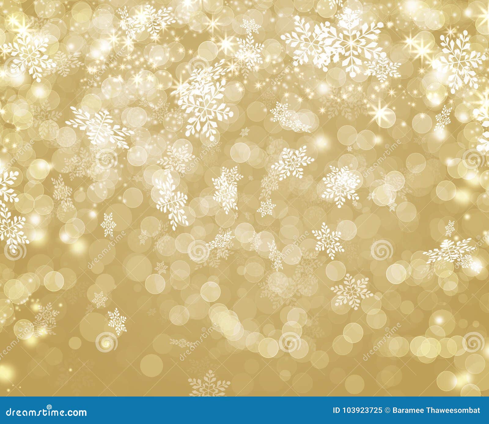 golden lights decorated with white bokeh snowflake ans stars christmas