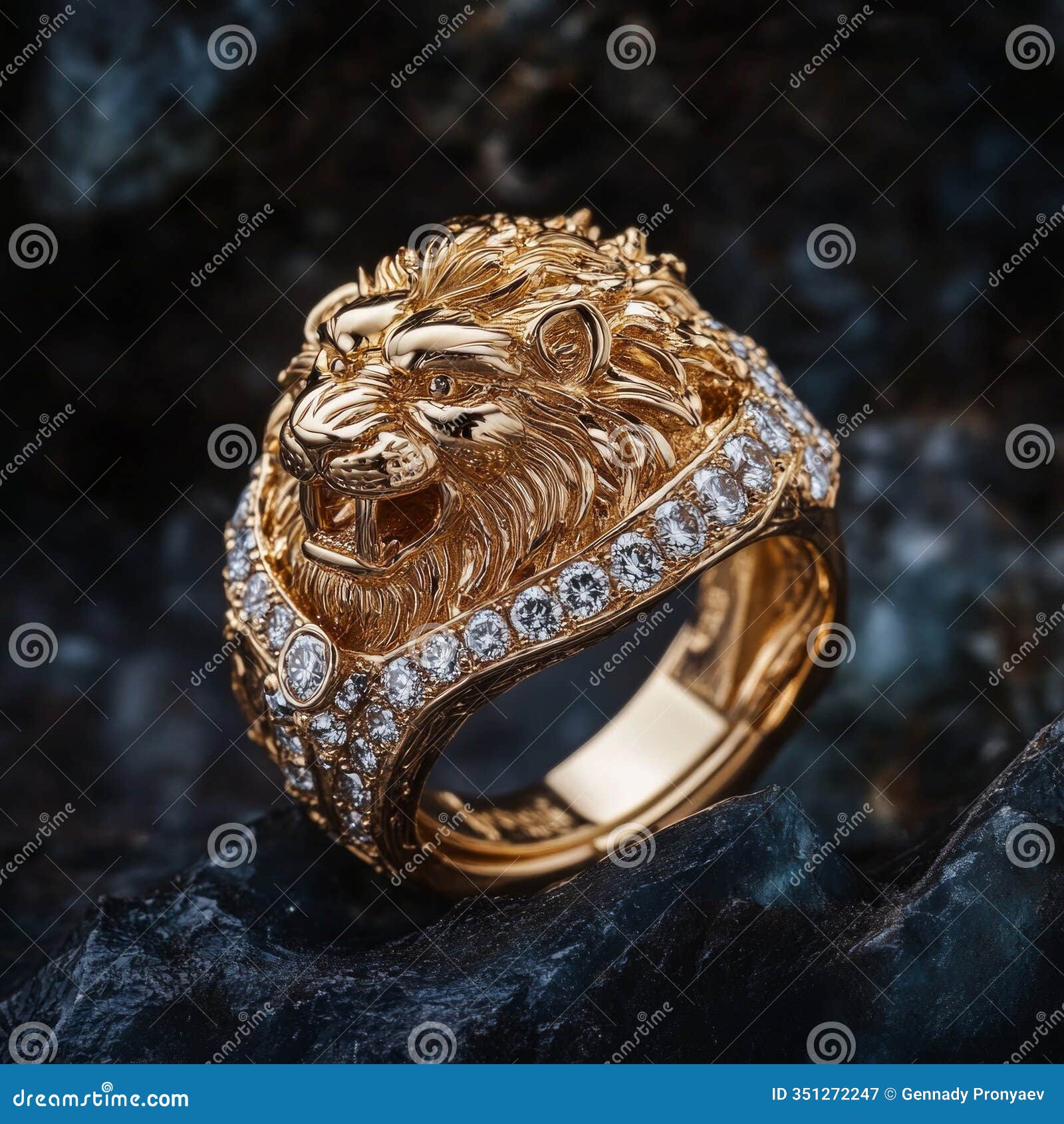 golden lion head ring with diamonds on dark rock surface