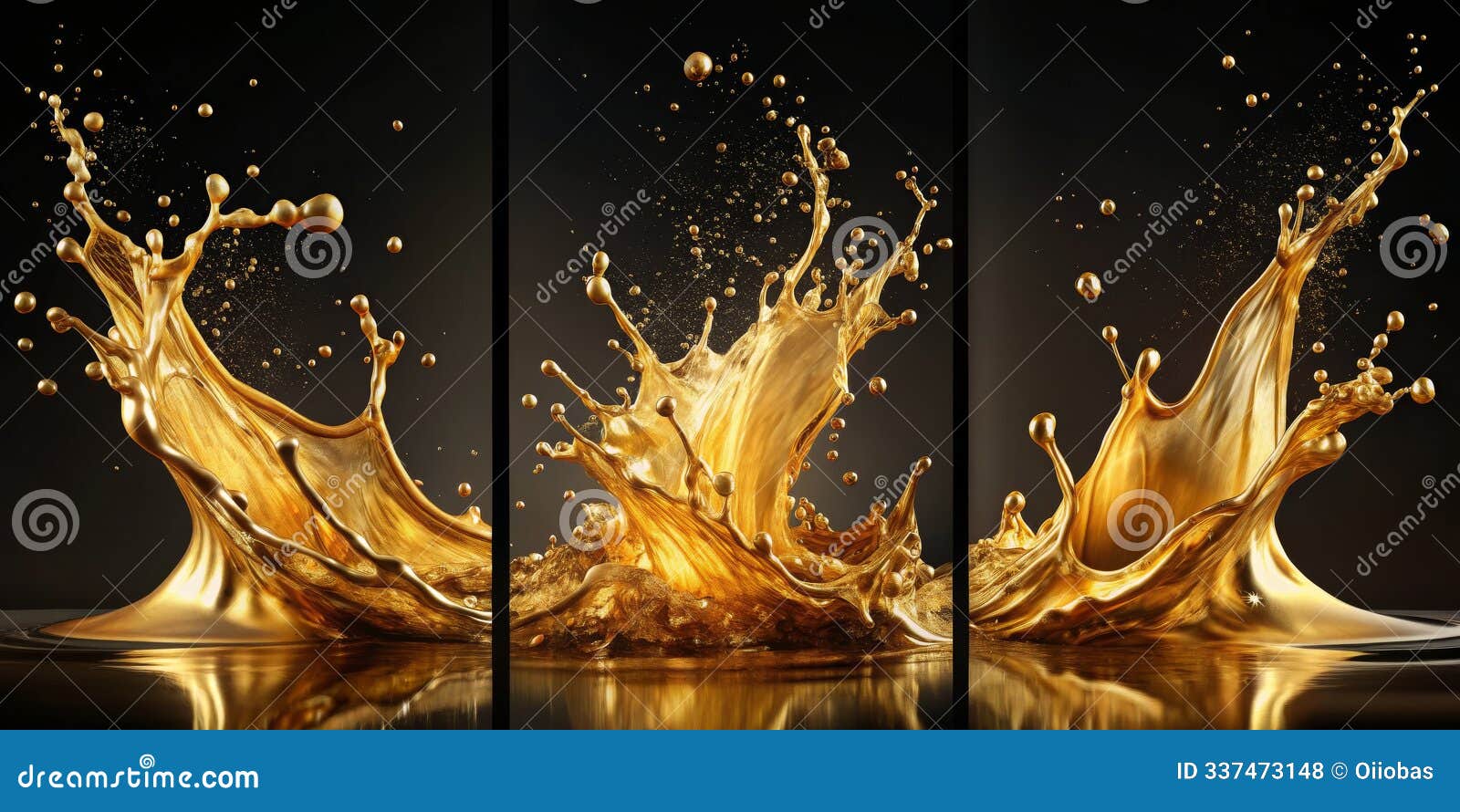 golden liquid splash three-panel composition with shimmering drops and reflective surface