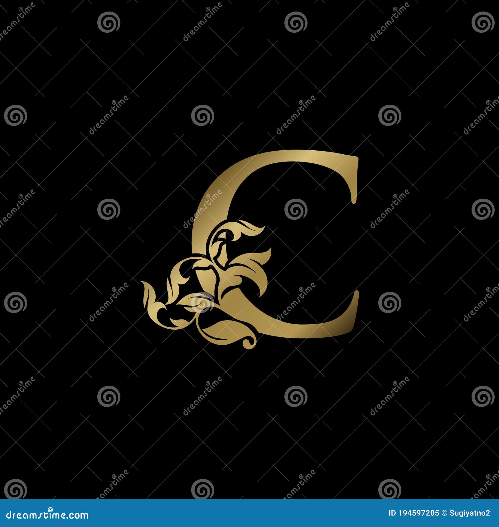 Golden Luxury C Letter Initial Logo Icon, Monogram Ornate Nature Floral ...