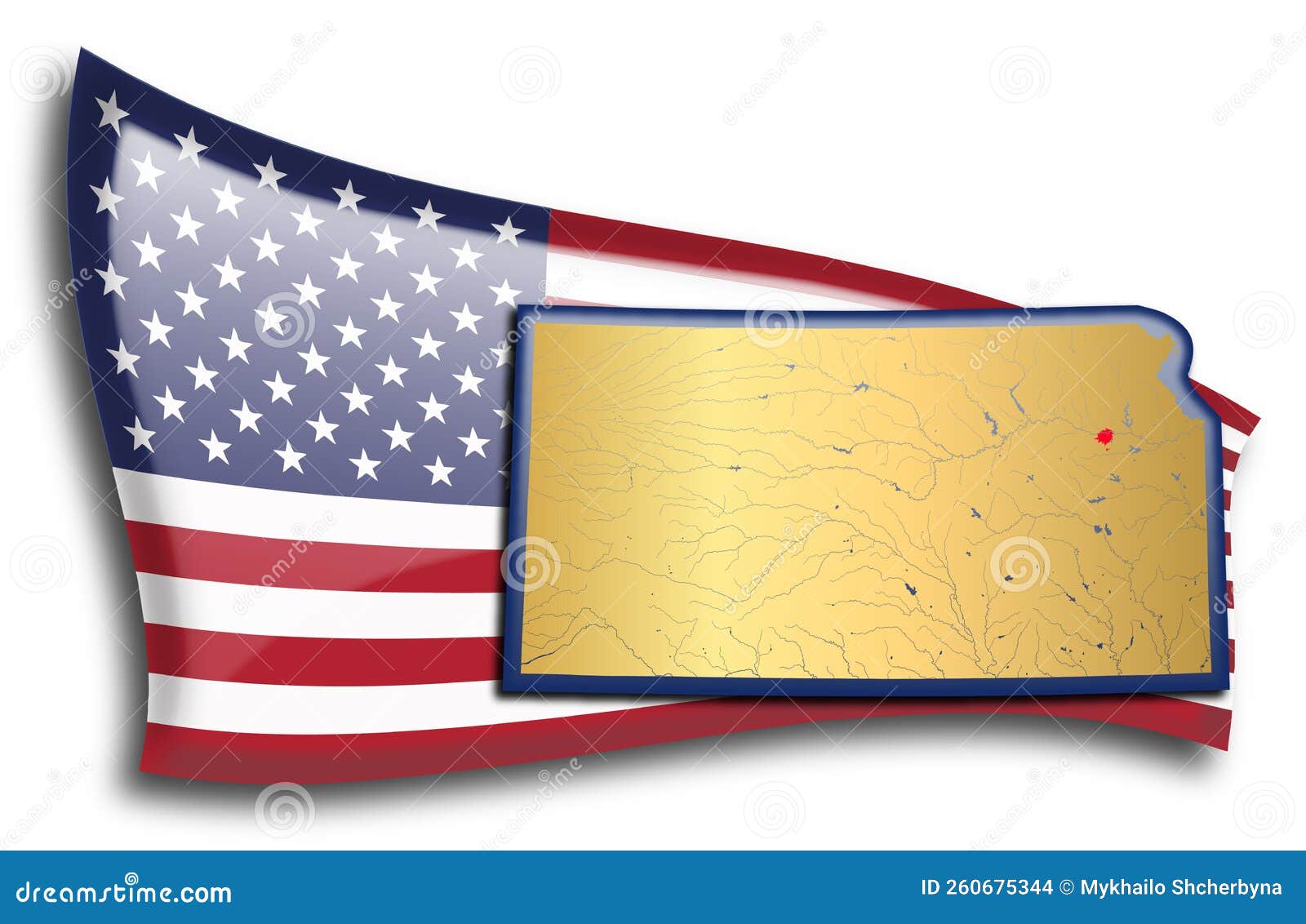 golden map of kansas against an american flag