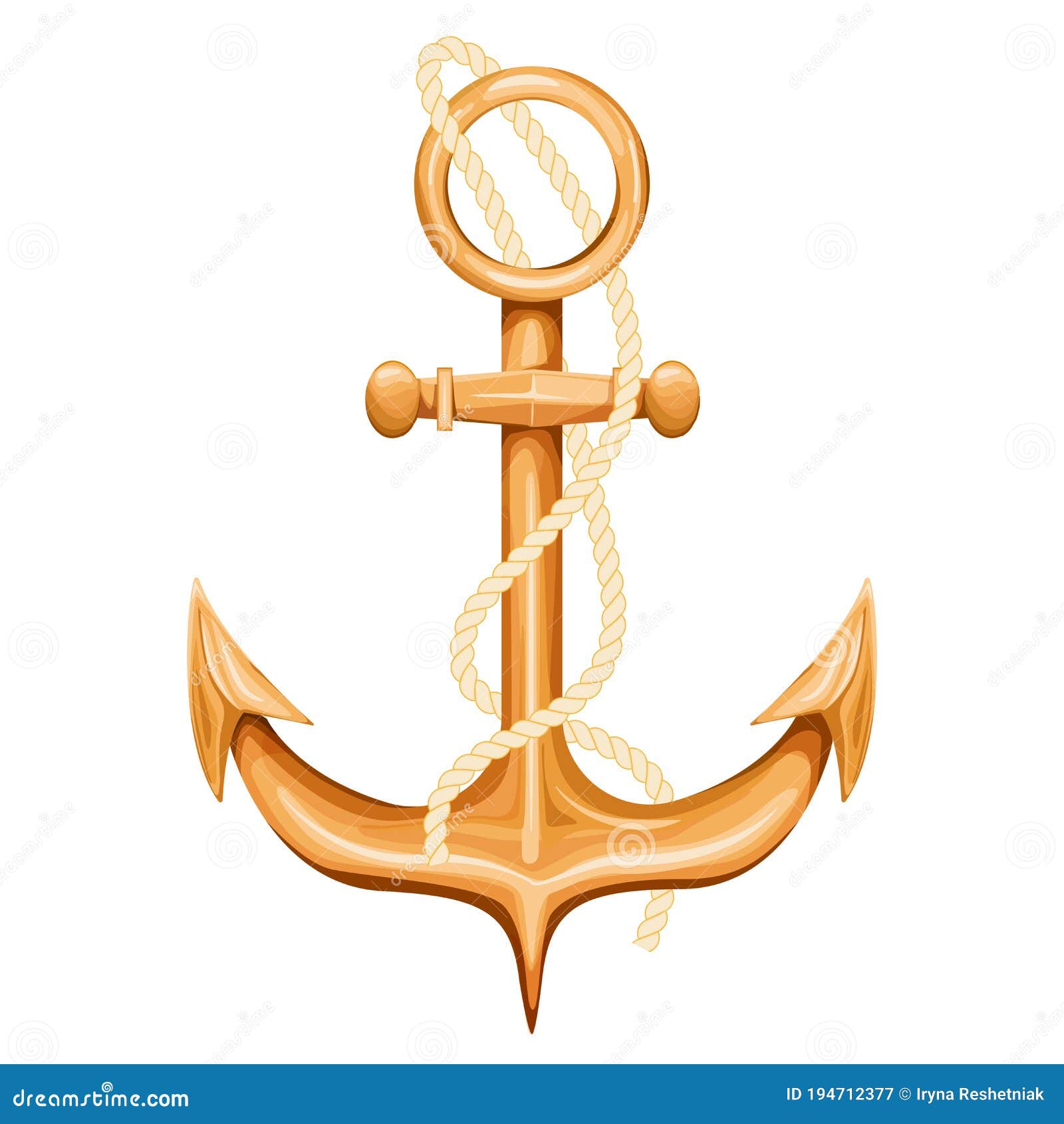 Golden Marine Boat Anchor with Rope. Marine Element Stock Vector