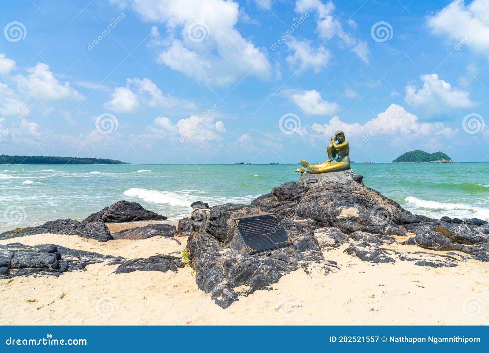 Golden Mermaid Statues On Samila Beach Landmark Of Songkla Thailand